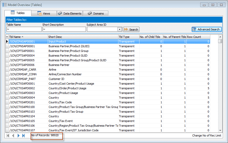 Figure 1: Close to 100.000 tables can be found in this SAP system.