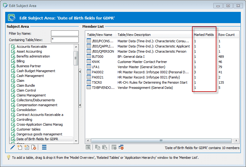 Figure 5: The Subject Area for 'Date of Birth' now contains the ten tables we identified previously.