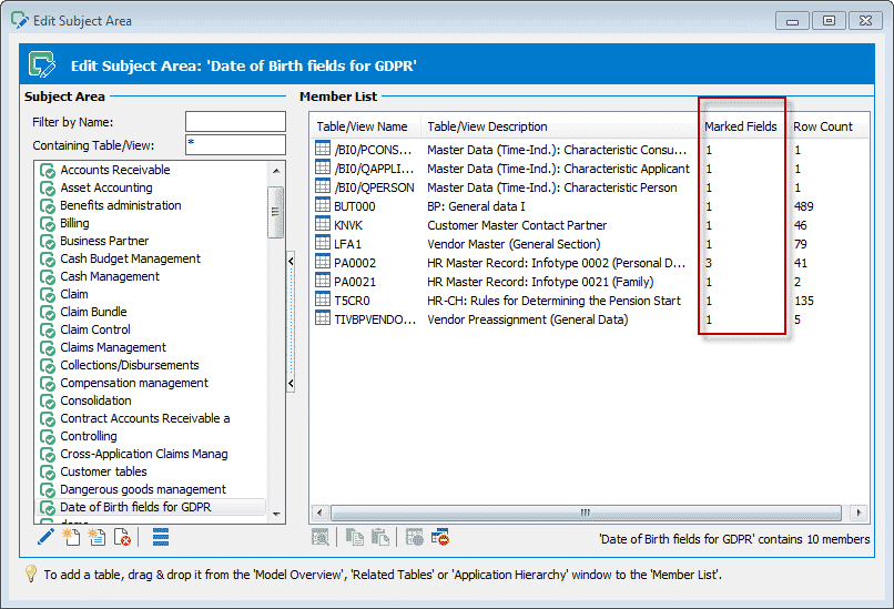 Gdpr: a practical example for data discovery in sap Figure 5: The Subject Area for 'Date of Birth' now contains the ten tables we identified previously.