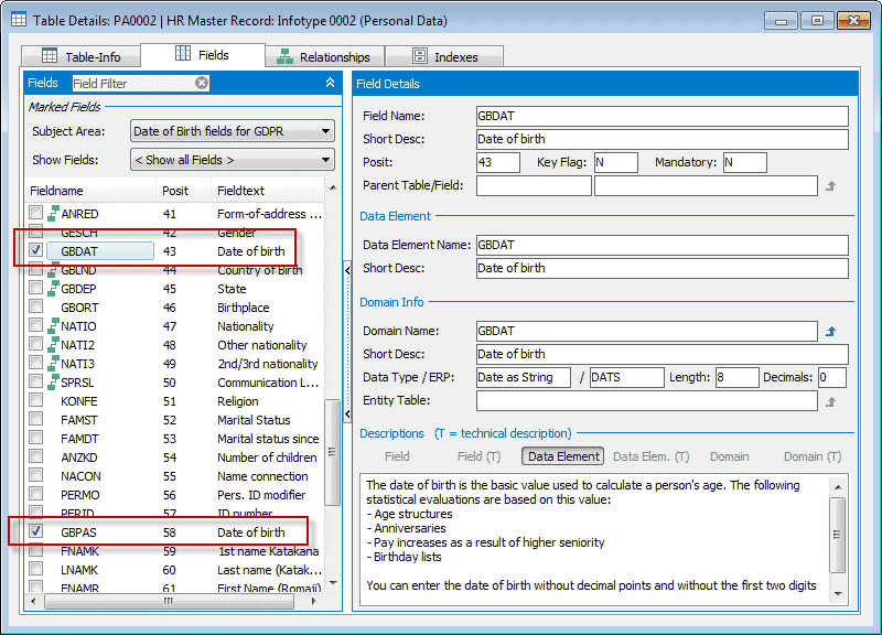 Gdpr: a practical example for data discovery in sap Figure 6: You are able to identify the individual field that contains 'Date of Birth'.